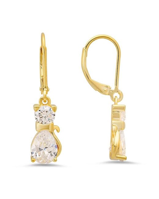 Kylie Harper Metallic 14K Over Dangling Cz Kitty Cat Leverback Earrings