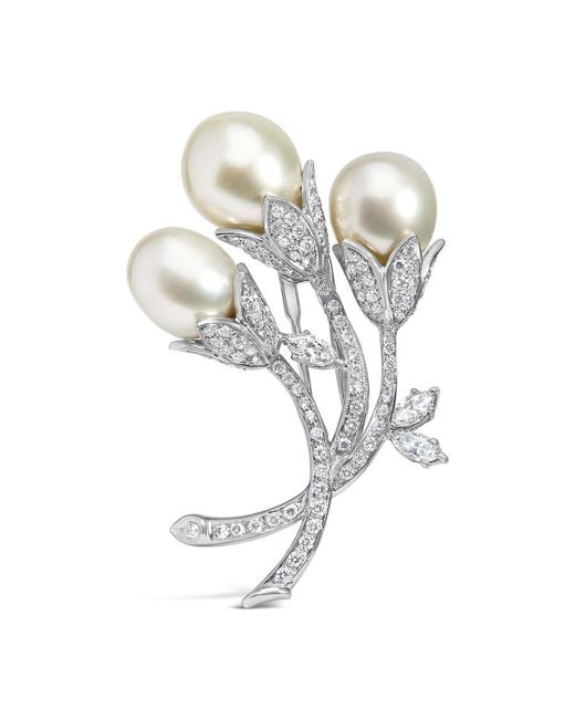 Haus of Brilliance Metallic 18K 2 1/5 Cttw Diamond And South Sea Pearl Floral Brooch Pin
