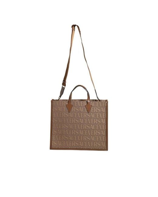 Versace Brown Top Handle Jacquard Leather Logo Crossbody Tote Bag Co Vl