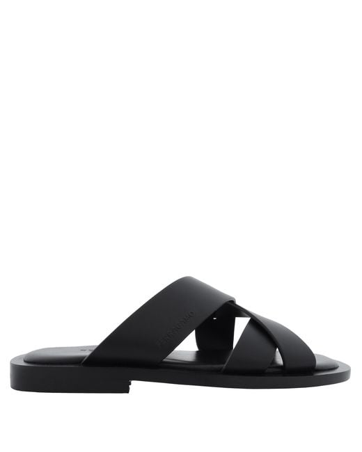 Ferragamo Black Venice Cross-Strap Leather Sandals for men