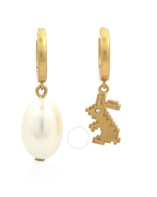 Tory Burch Metallic Pave Rabbit And Cultured Freshwater Pearl Mismatch Charm Hoop Earrings