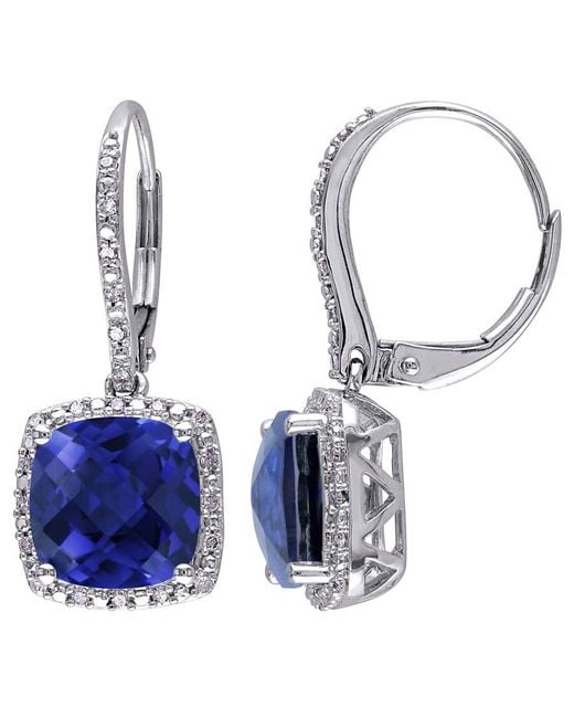 Amour Blue 6 1/2 Ct Tgw Created Sapphire And 1/5 Ct Tw Diamond Leverback Halo Earrings