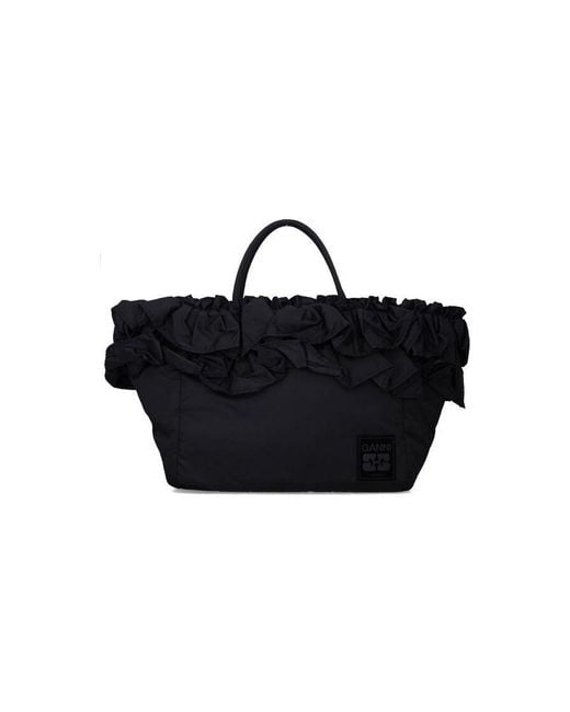 Ganni Black Nylon Ruffled Xxl Shopper Bag Recycled Tote