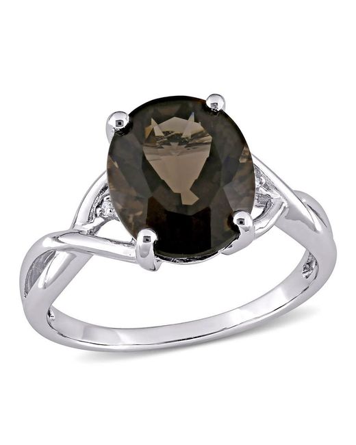 Amour Metallic 3 3/4 Ct Tgw Oval Cut Smokey Quartz And Diamond Accent Ring