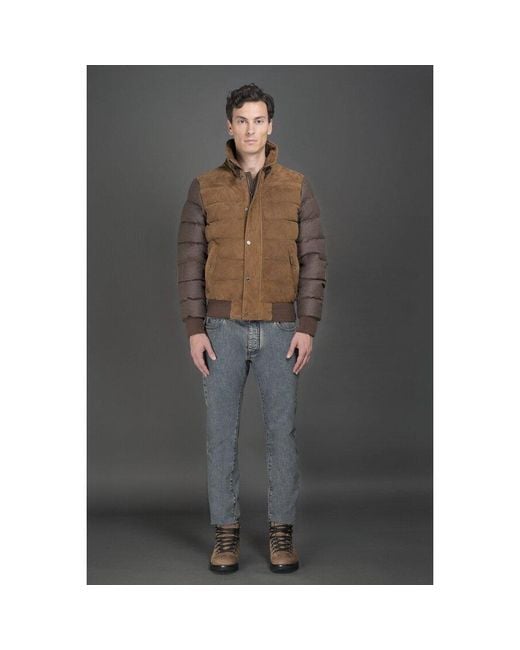Moorer Brown Quilted Jacket With Fur Collar for men