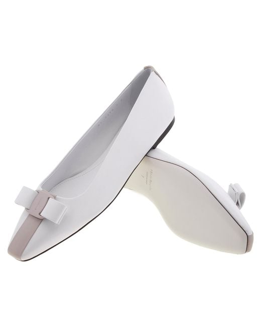 Ferragamo White Vara Bow Leather Ballet Flats
