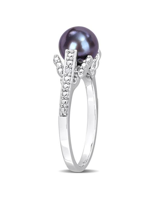 Amour Metallic 7-7.5Mm Freshwater Cultured Pearl And Diamond Accent Split Shank Ring