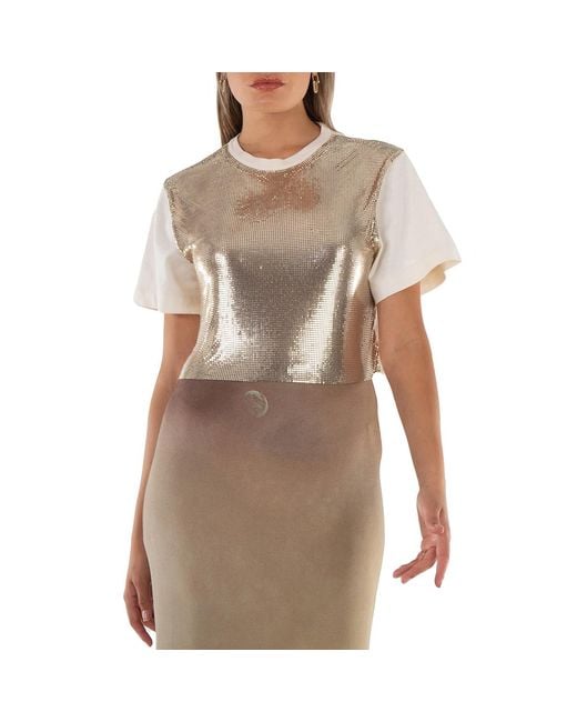 Rabanne Natural Sequin Short-Sleeve Cropped Top, Brand Size 38 (Us