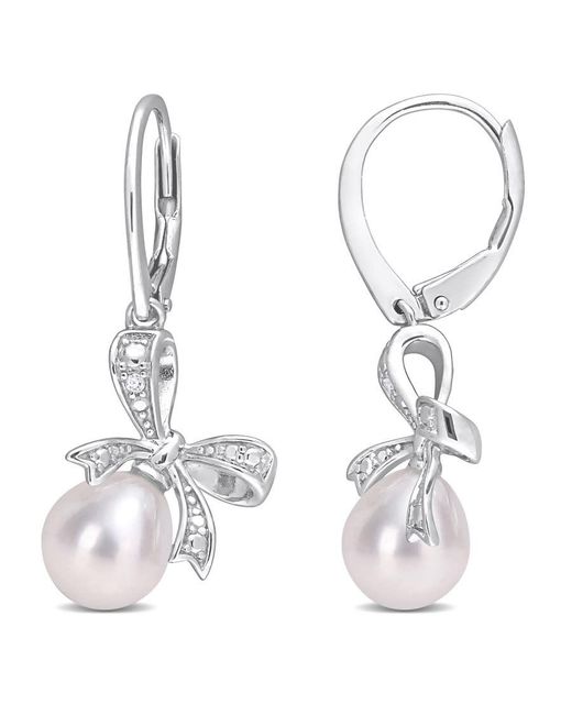 Amour Metallic 7.5-8Mm Freshwater Cultured Pearl And Diamond Accent Bow Leverback Earrings