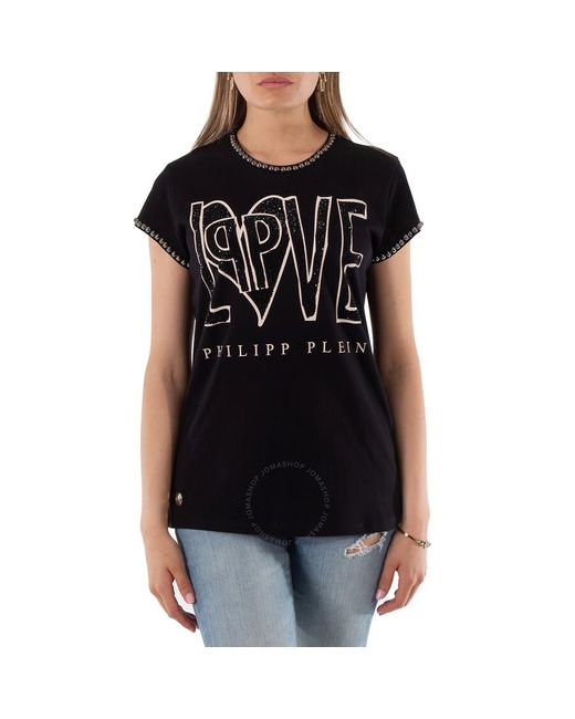 Philipp Plein Black Love Crystal Logo Cotton T-shirt
