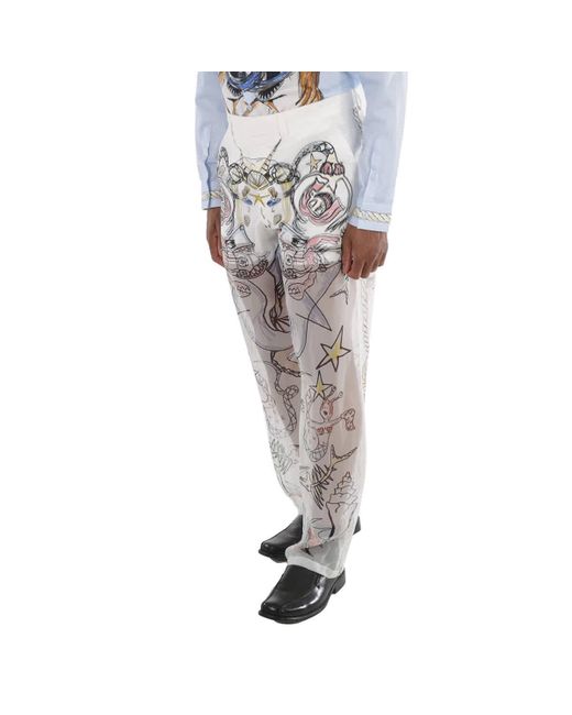 Burberry White Marine Sketch Print Layered Silk Trousers for men