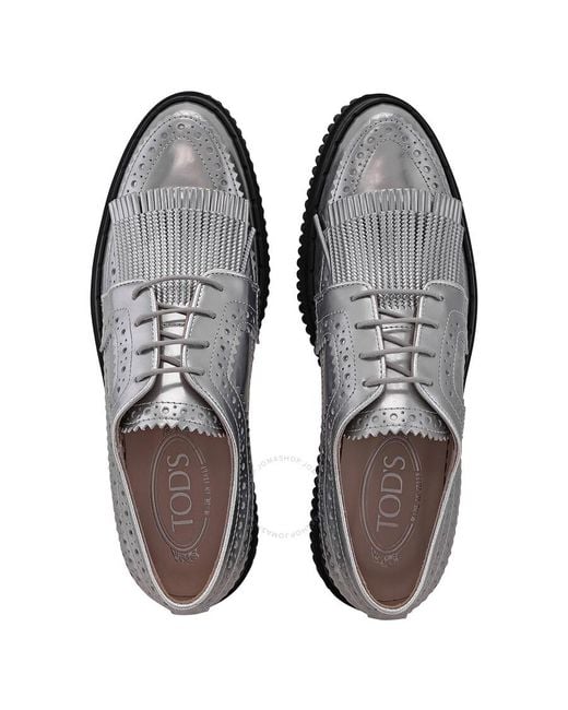 Tod's Gray Silver Leather Lace-up Brogue Shoes