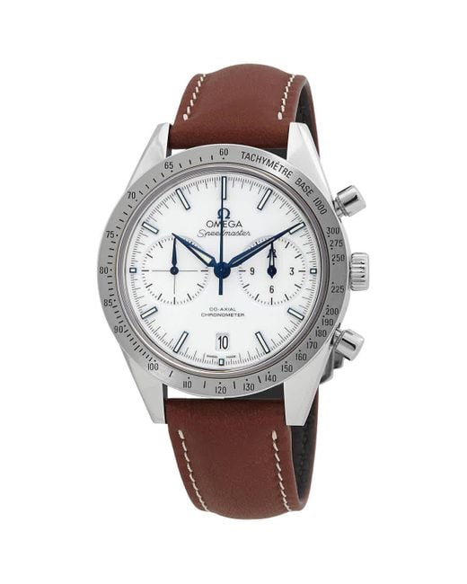 Omega Metallic Speedmaster 57 Chronograph White Dial Brown Leather Watch 33192425104001 for men