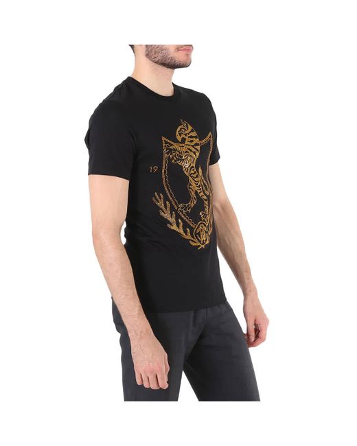 Roberto Cavalli Black Crystal Embellished Crest Slim Fit T-shirt for men