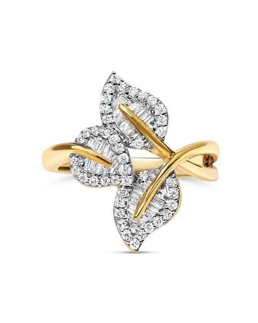 Haus of Brilliance Metallic 18K Plated .925 Sterling 1/2 Ct Baguette & Round Diamond Bypass Triple Leaf Ring