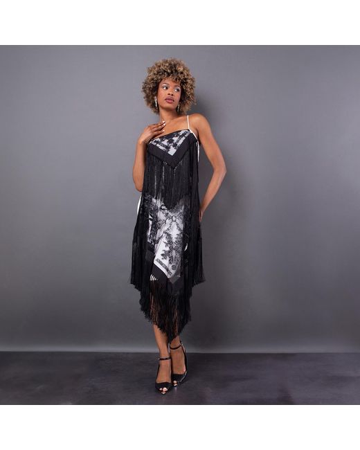Burberry Black Ladies Snow Tasselled Tulle-Overlay Twill Dress, Brand Size 10 (Us