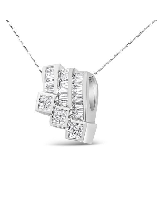 Haus of Brilliance White 14K 1 1/2 Cttw Invisible Set Princess And Channel Set Baguette-Cut Diamond Triple Curve Pendant Necklace- No Chain Included