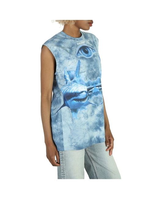 Burberry Blue Shark Print Cotton Sleeveless Tank Top
