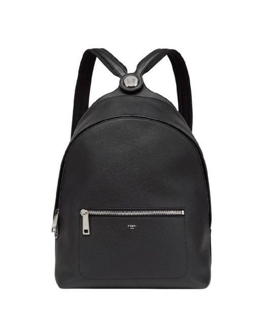 Fendi Black Engraved Logo Leather Backpack for men