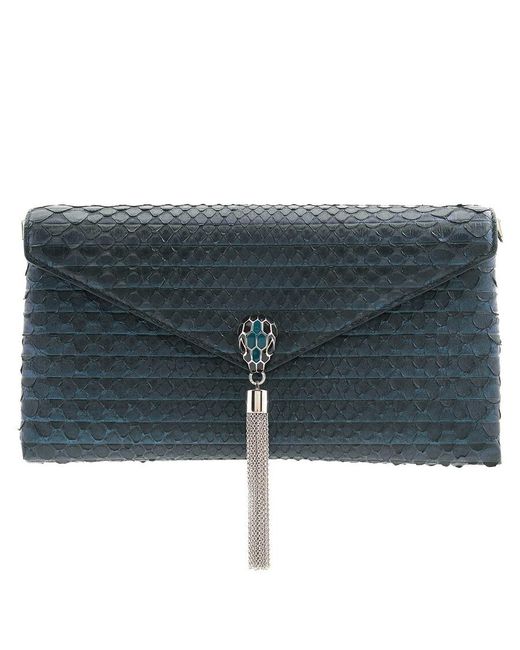 BVLGARI Blue Metallic Python Serpenti Forever Tassel Clutch