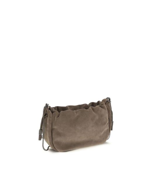 Brunello Cucinelli Gray Suede With Precious Chain Shoulder Bag