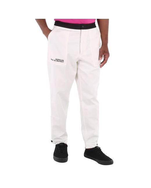Moncler White Logo Embroidered Cotton Tapered Trousers for men