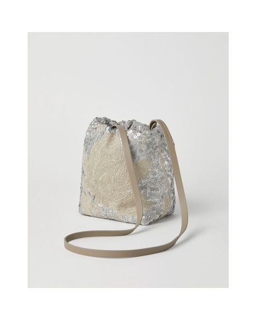 Brunello Cucinelli White Embroidered Linen Bag