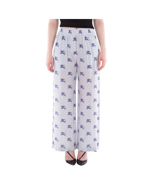 Burberry Blue Alex Ekd Monogram Silk Wide-Leg Trousers, Brand Size 10 Us