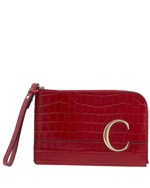 Chloé Red C Croc Embossed Leather Pouch