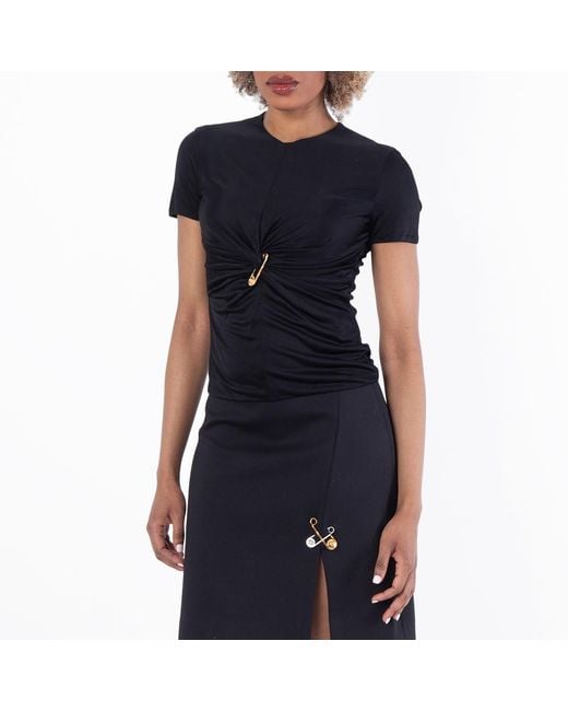 Versace Blue Safety Pin Gathered Viscose Top