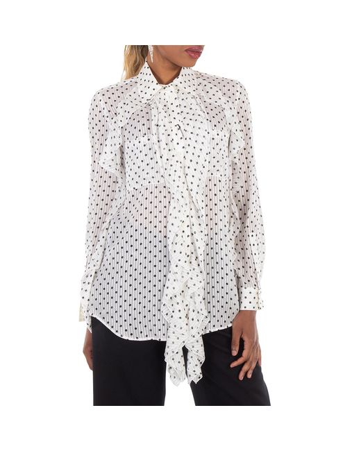 Burberry White Ruffled Polka Dot Silk Chiffon Blouse, Brand Size 8 Us