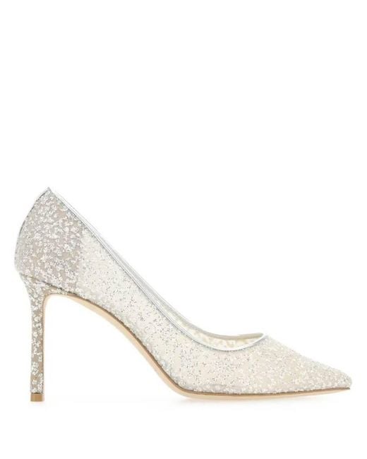 Jimmy Choo White Romy 85 Glitter Tulle Metallic Pumps, Brand Size 34 Us