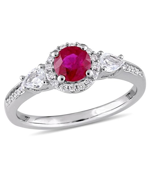 Amour Metallic Round Ruby And Pear Shape Sapphire 3-Stone Ring With 1/8 Ct Tw Diamond Halo And Accent for men