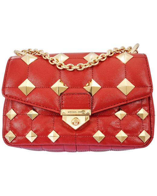 Michael Kors Red Soho Small Studded Quilted Patent Leather Shoulder Bag