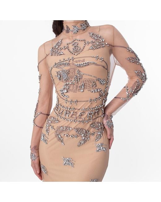 Burberry Natural Lila Sheer Diamond-Embellished Evening Gown, Brand Size 6 Us