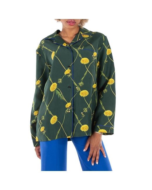 Burberry Green Dandelion-Print Silk Pyjama Shirt, Brand Size 8 Us