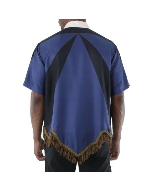Burberry Blue Bullion Fringing Geometric Print Silk Tunic Shirt for men