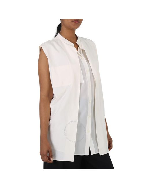 Burberry White Neutral Suziesl Crepe De Chine Logo Detail Sleeveless Silk Shirt