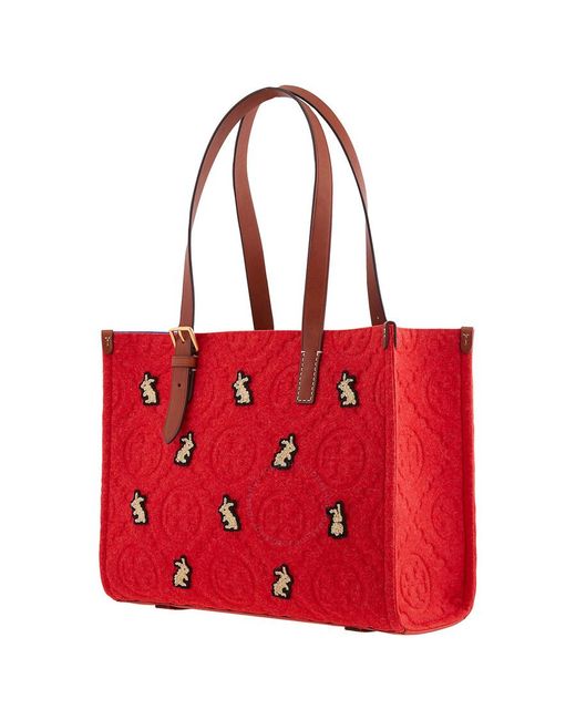 Tory Burch Red Small Rabbit T Monogram Embroide Tote