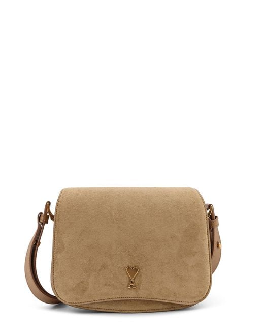 AMI Brown Suede Shoulder Bag With Metal Logo On The Front