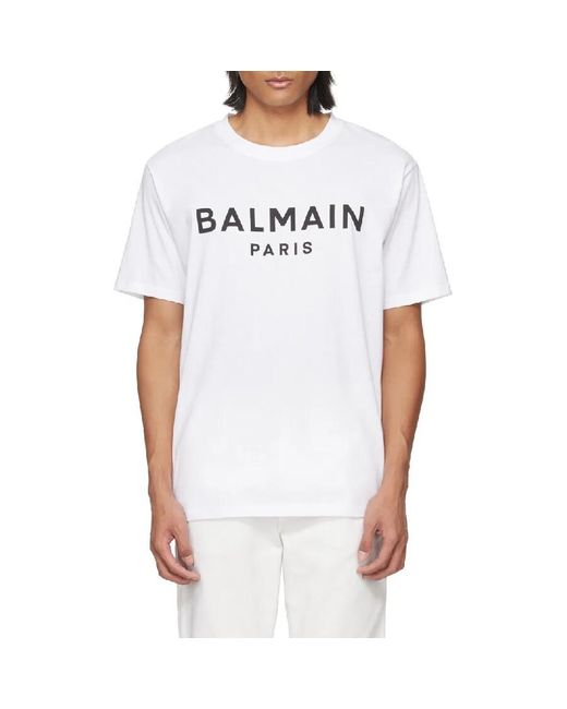 Balmain White Flock Logo Cotton T Shirt for men
