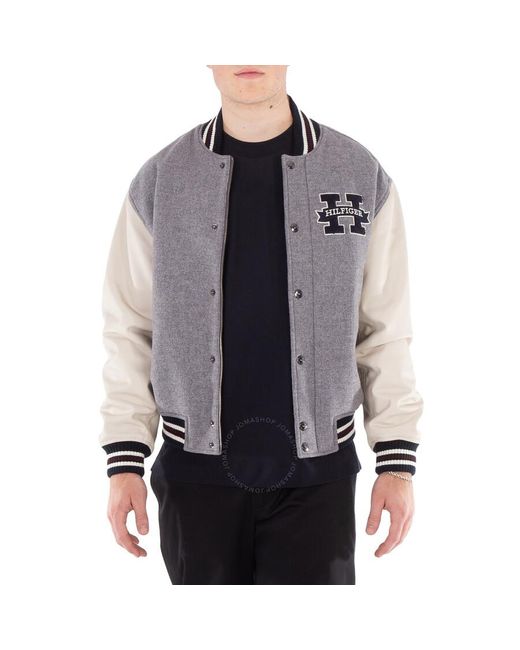Tommy Hilfiger Gray Colour-Blocked Leather Sleeve Varsity Jacket for men