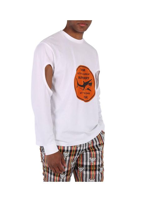 Burberry White Shark Print Cotton Long Sleeve T-shirt for men