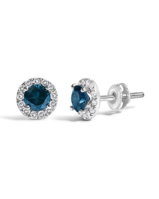 Haus of Brilliance Blue 925 Sterling 1.00 Cttw Diamond Halo Stud Earring