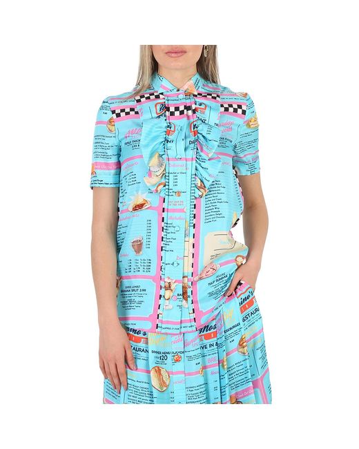 Moschino Blue All-Over Diner Menu Print Short Sleeve Silk Blouse