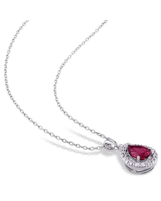 Amour Pink 4 7/8 Ct Tgw Created Ruby And Created Sapphire Teardrop Halo Pendant With Chain And Stud Earrings 2-Piece Set for men