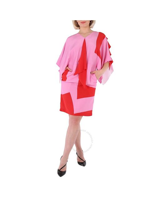 Burberry Red Primrose Geometric Print Silk Crepe De Chine Cape Sleeve Dress