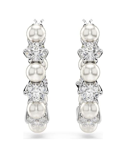 Swarovski White Matrix Crystal-Pearl Hoop Earrings