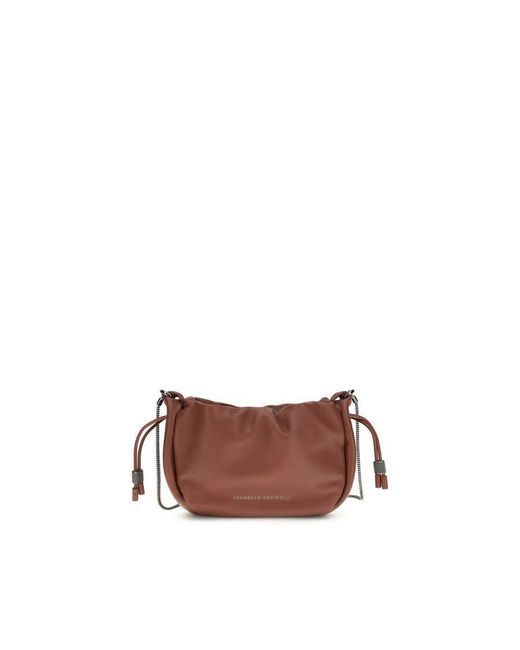 Brunello Cucinelli Brown Calf Leather With Drawstring Shoulder Bag for men