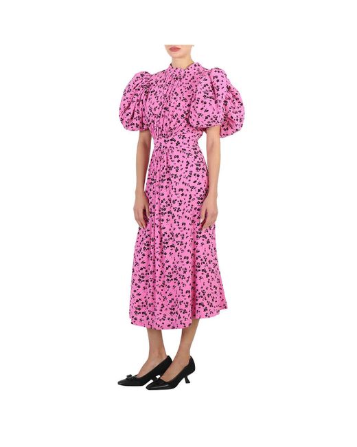 ROTATE BIRGER CHRISTENSEN Purple Super Pink Comb Puff-sleeve Jaquard Midi Dress